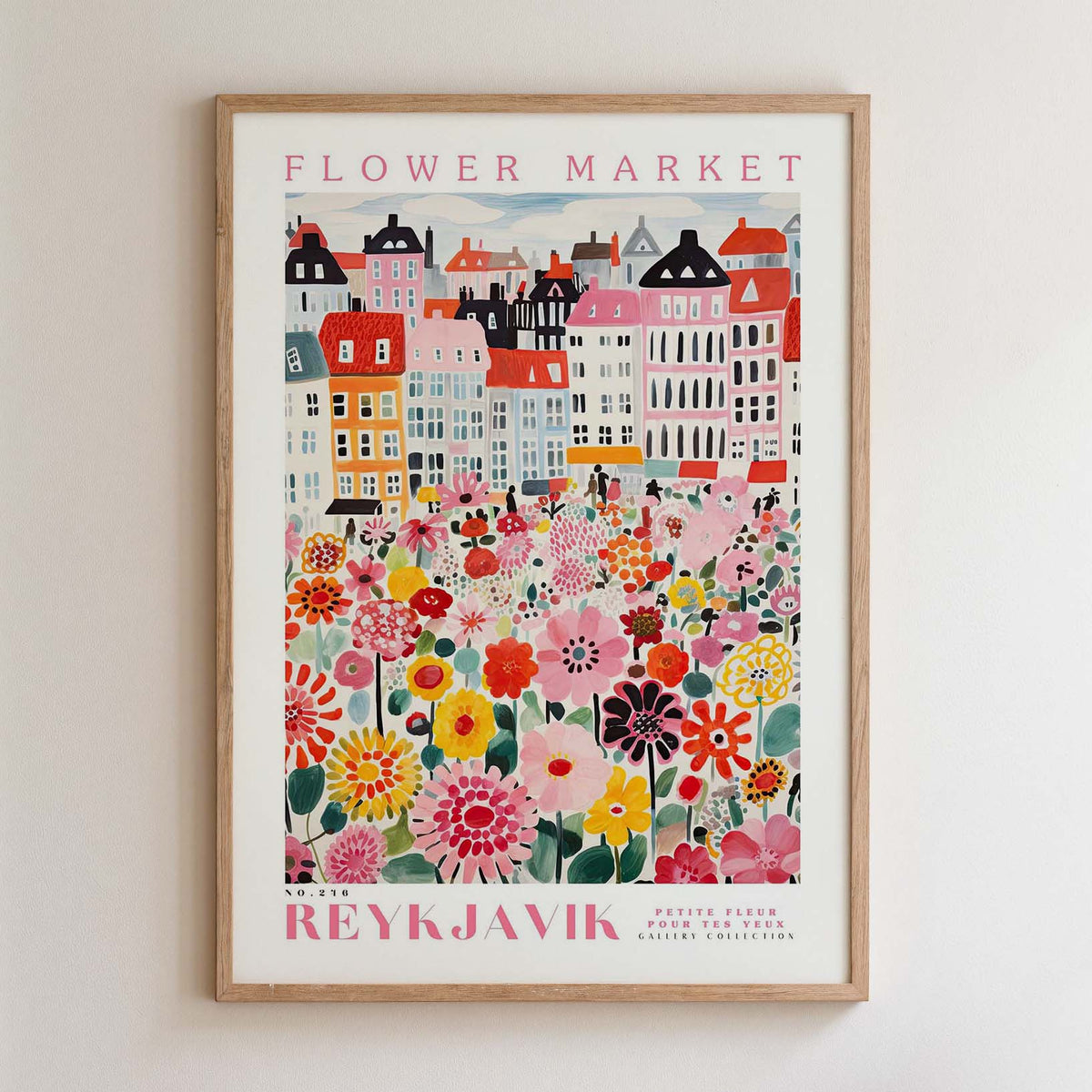 The image is a framed poster depicting a colorful and vibrant flower market in Reykjavik, Iceland.