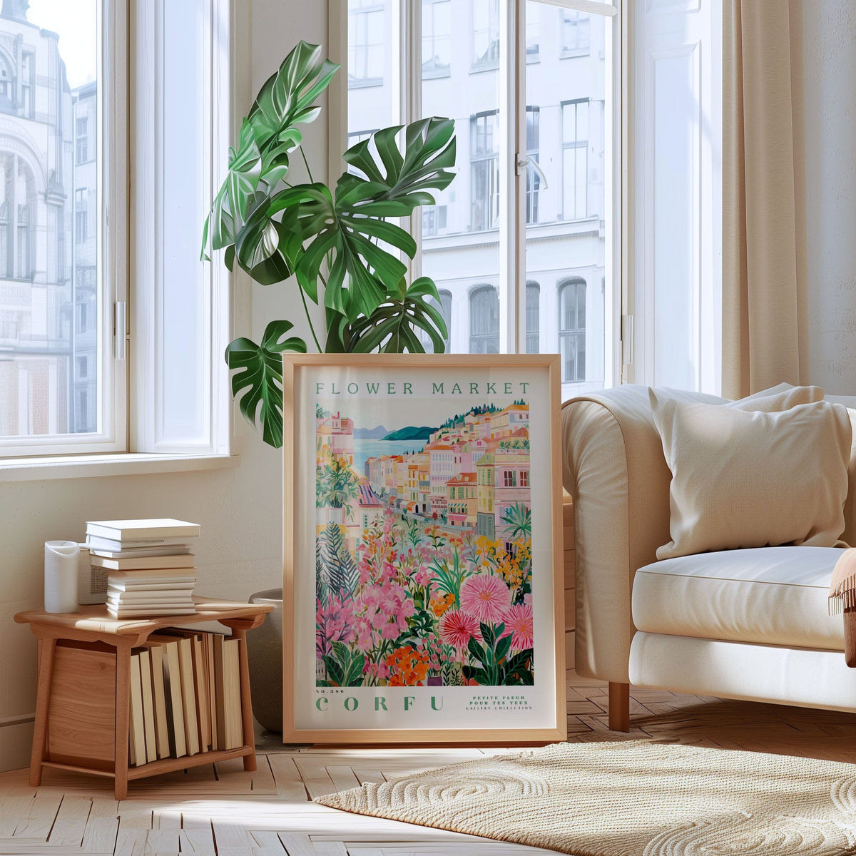 a living room with a large window, a framed poster of a colorful floral scene, a stack of books, a white sofa, and a potted plant.