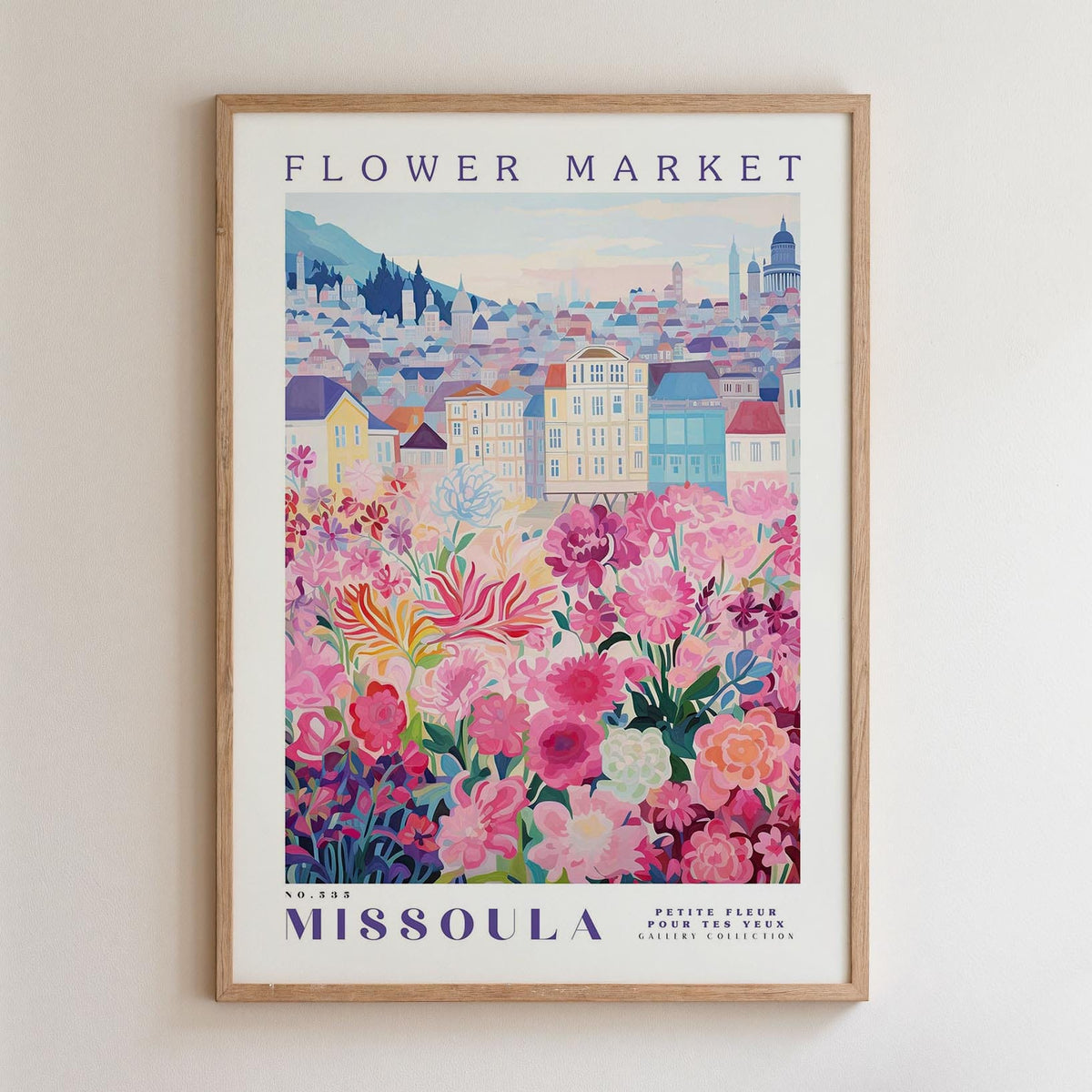 A framed poster depicting a colorful and vibrant flower market in Missoula, Montana.