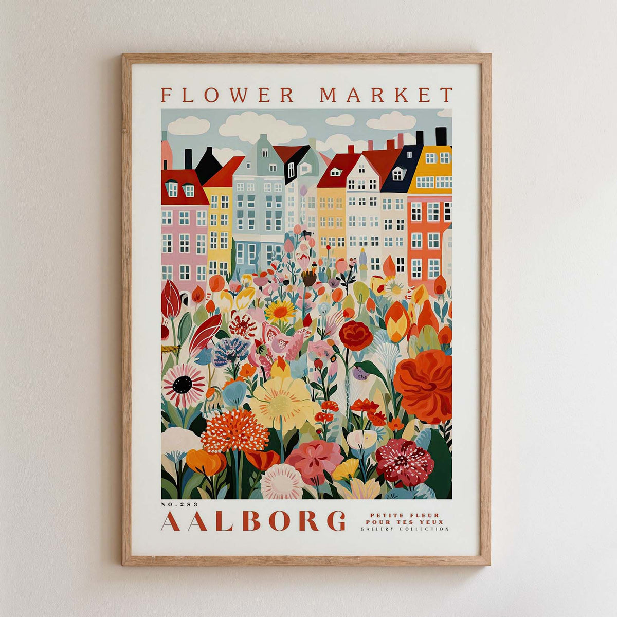 The image is a framed poster depicting a colorful and vibrant flower market in Aalborg, Denmark.