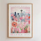 The image is a framed poster depicting a cityscape with a flower market in the foreground.