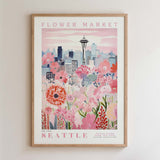 The image is a framed poster depicting a cityscape with a flower market in the foreground.