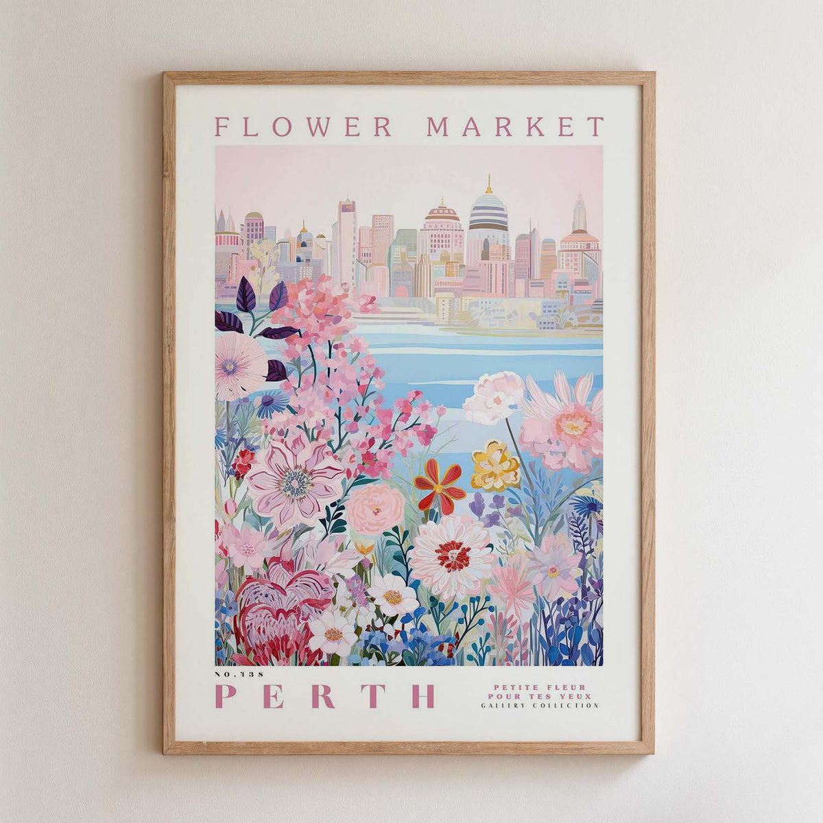 The image is a framed poster depicting a cityscape with a flower market in the background.