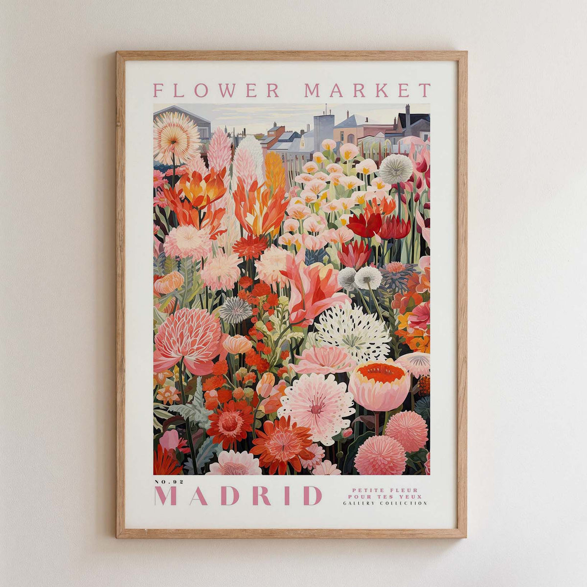 The image is a framed poster of a vibrant and colorful flower market in Madrid, Spain.