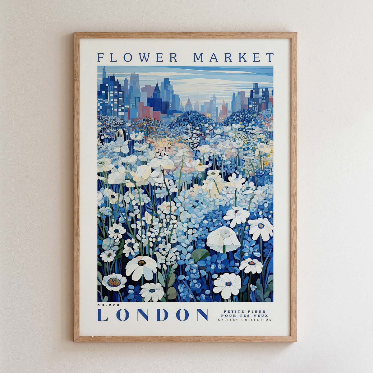 The image is a framed poster depicting a cityscape with a field of flowers in the foreground.
