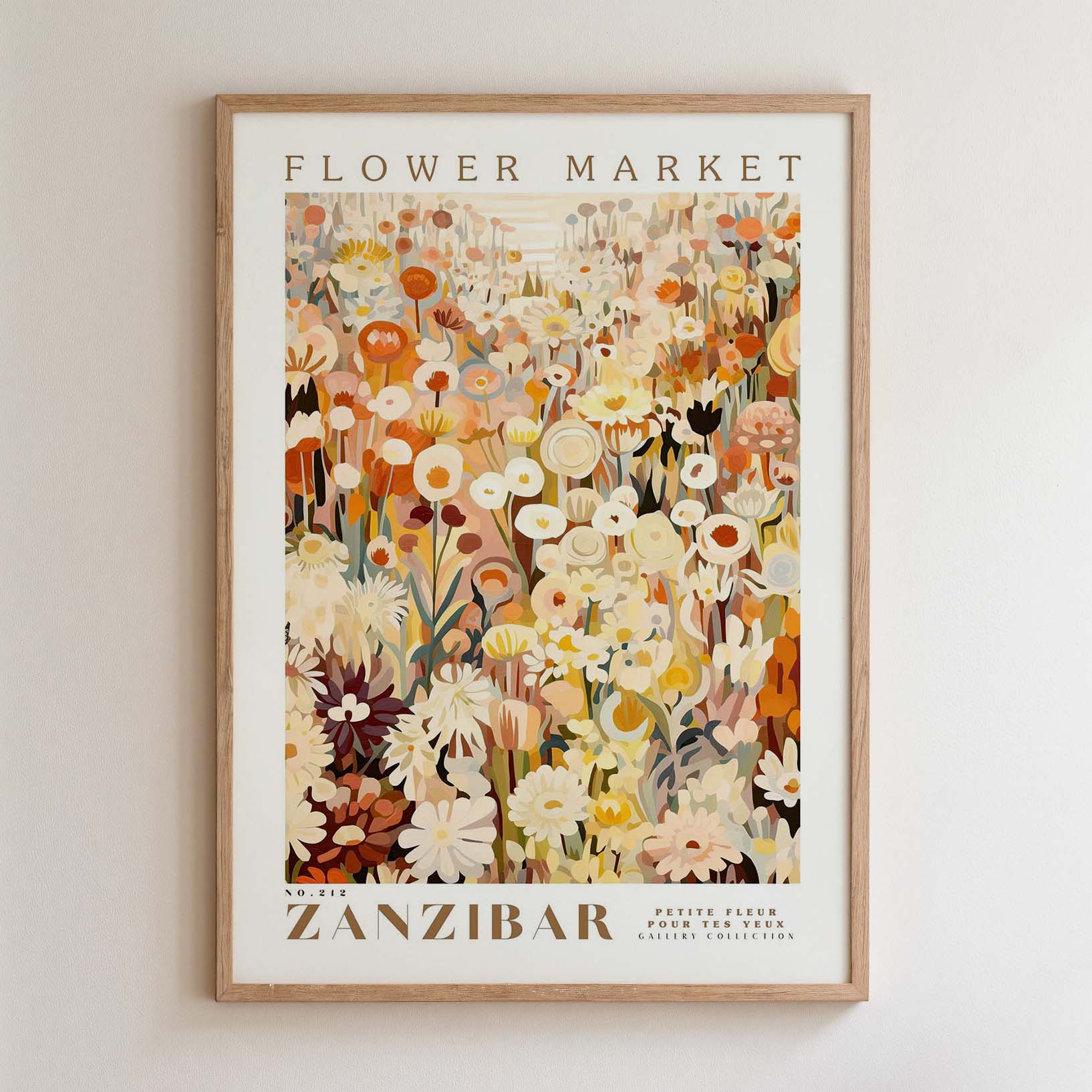 The image is a framed poster depicting a vibrant and colorful flower market in Zanzibar, featuring a variety of flowers and plants in different shades of orange, yellow, and white.