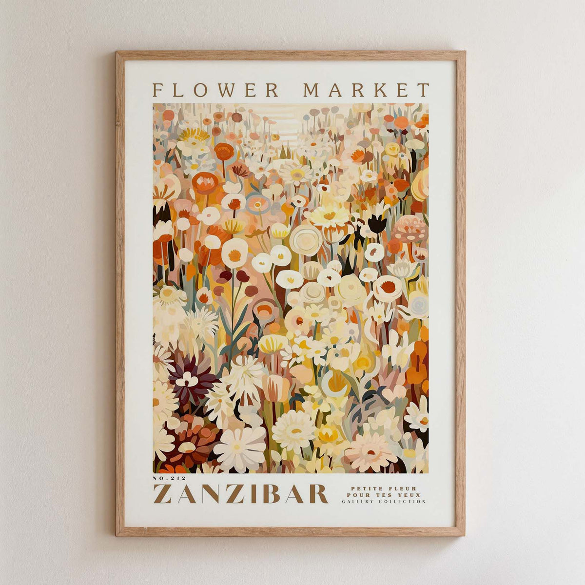 The image is a framed poster depicting a vibrant and colorful flower market in Zanzibar, featuring a variety of flowers and plants in different shades of orange, yellow, and white.