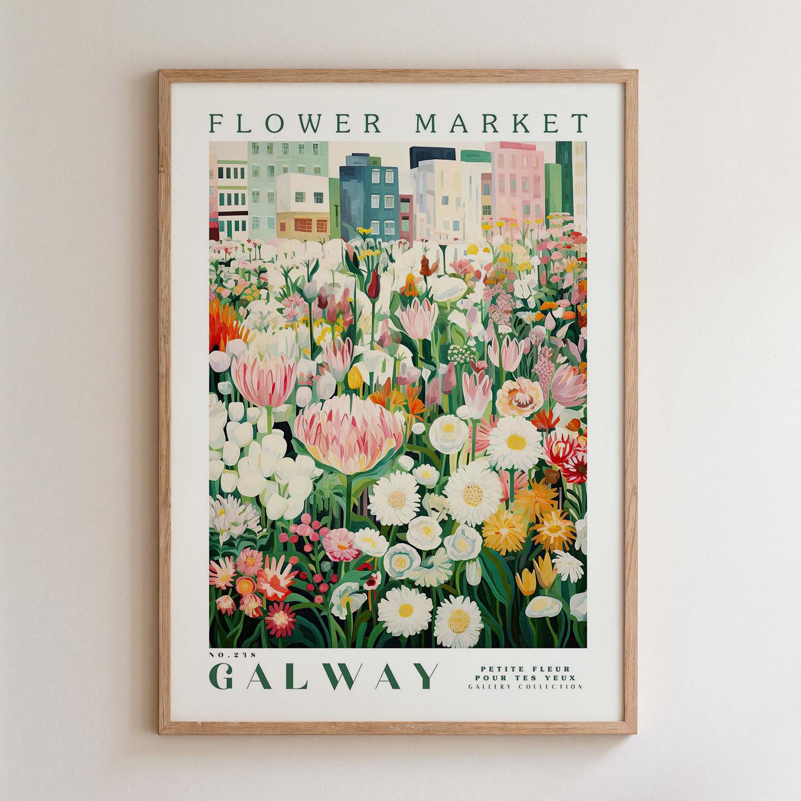The image is a framed poster depicting a vibrant and colorful flower market in Galway, Ireland.