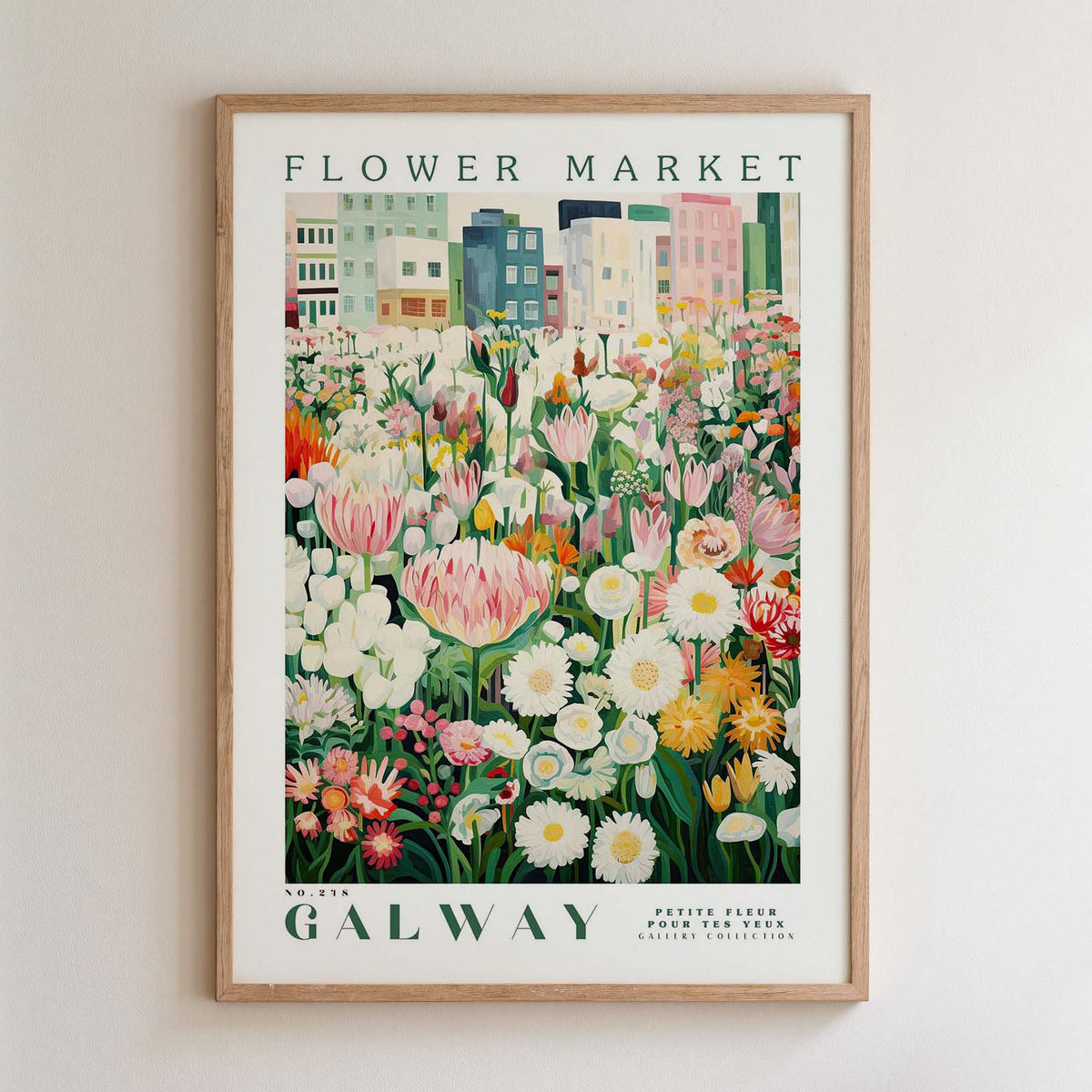 The image is a framed poster depicting a vibrant and colorful flower market in Galway, Ireland.