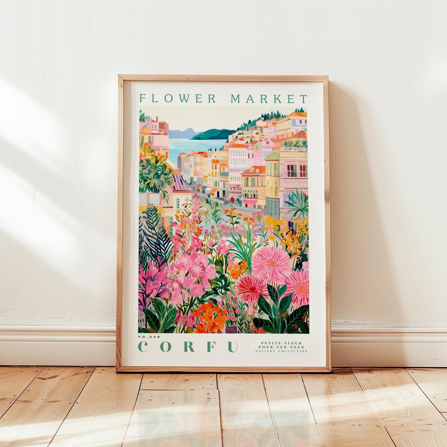 The image is a framed poster depicting a colorful and vibrant flower market in Corfu, Greece.