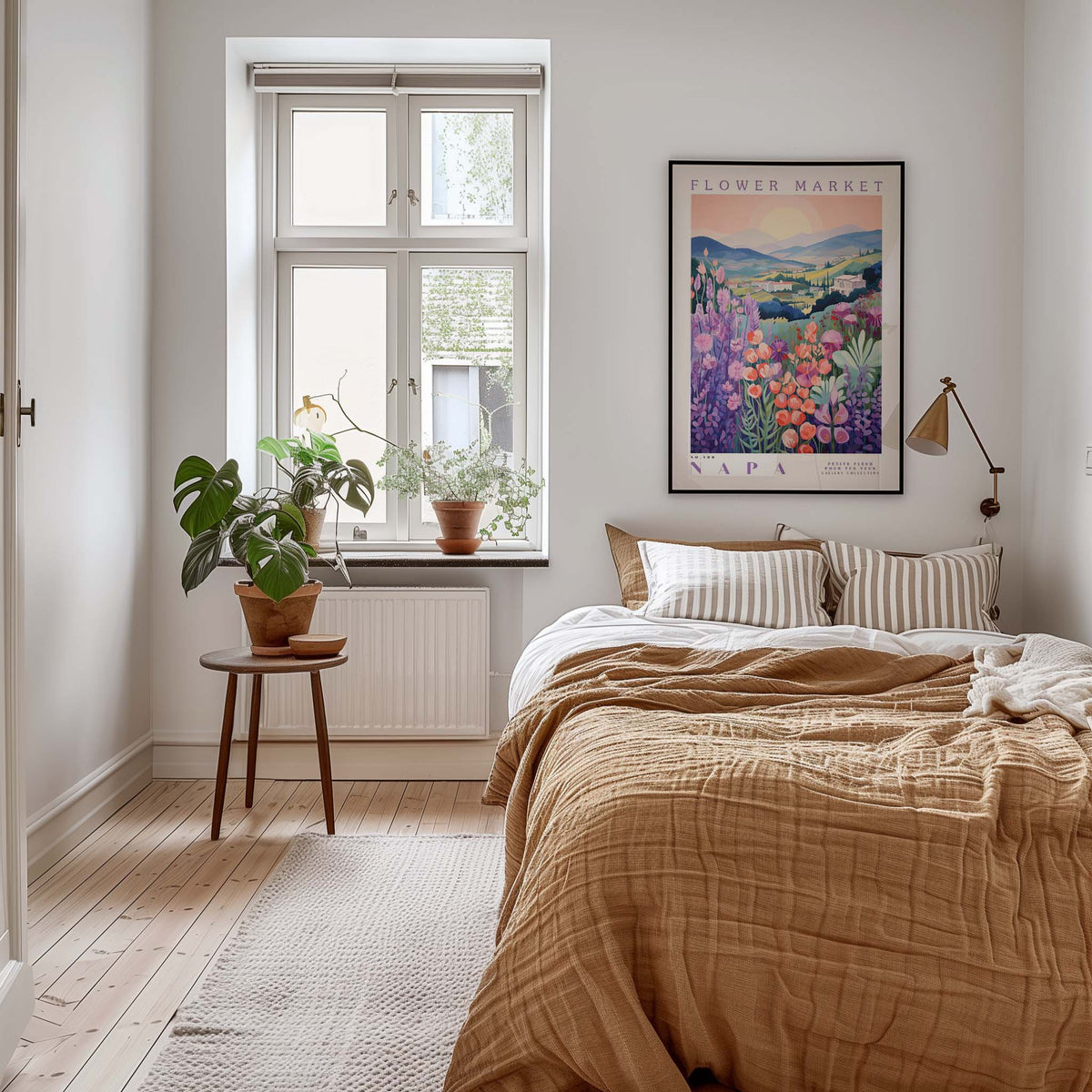 a cozy bedroom with a large bed, a nightstand with a potted plant, and a framed poster of a flower market in Napa.