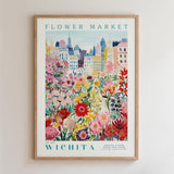 The image is a framed poster depicting a vibrant and colorful flower market in the city of Wichita, Kansas.