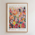 The image is a framed poster featuring a vibrant and colorful illustration of various flowers and plants.