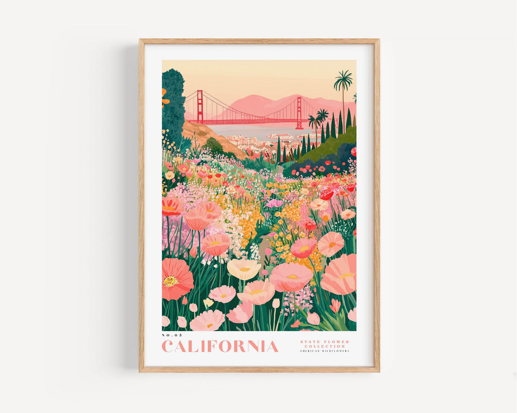 The image is a framed poster depicting a vibrant and colorful garden scene with a variety of flowers and plants.