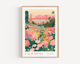 The image is a framed poster depicting a vibrant and colorful garden scene with a variety of flowers and plants.