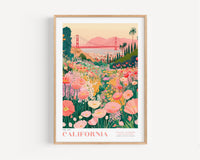 The image is a framed poster depicting a vibrant and colorful garden scene with a variety of flowers and plants.