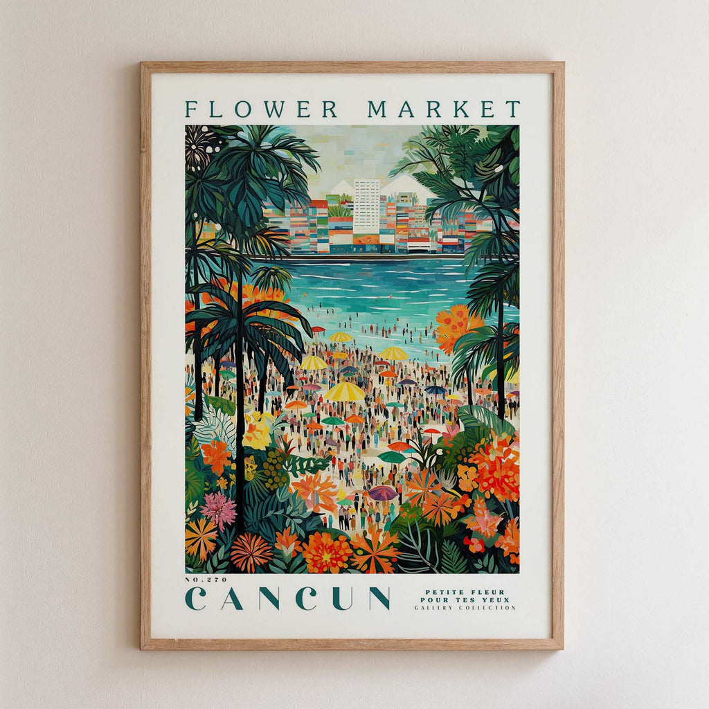 The image is a framed poster depicting a vibrant and colorful scene from the Flower Market in Cancun, Mexico.
