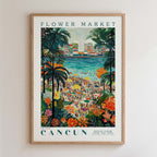 The image is a framed poster depicting a vibrant and colorful scene from the Flower Market in Cancun, Mexico.
