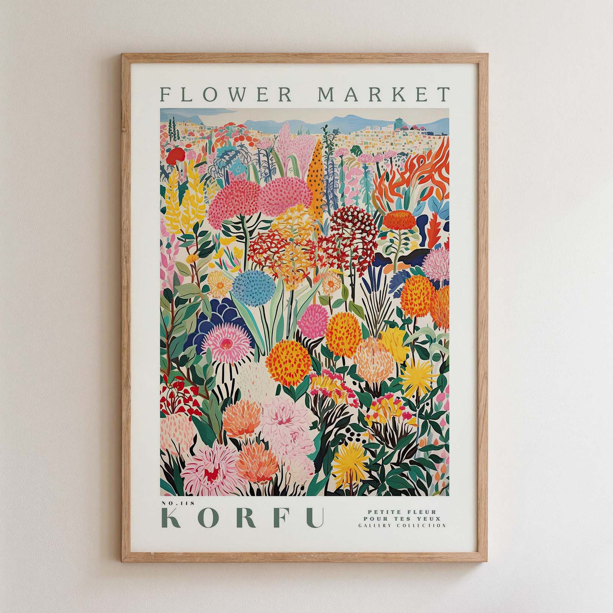 The image is a framed poster depicting a vibrant and colorful floral scene, with various flowers and plants in different shades of pink, orange, yellow, and green.