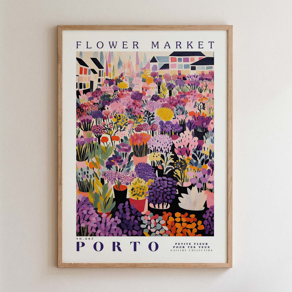 The image is a framed poster depicting a vibrant and colorful flower market in Porto, Portugal.