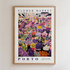 The image is a framed poster depicting a vibrant and colorful flower market in Porto, Portugal.