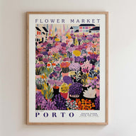 The image is a framed poster depicting a vibrant and colorful flower market in Porto, Portugal.