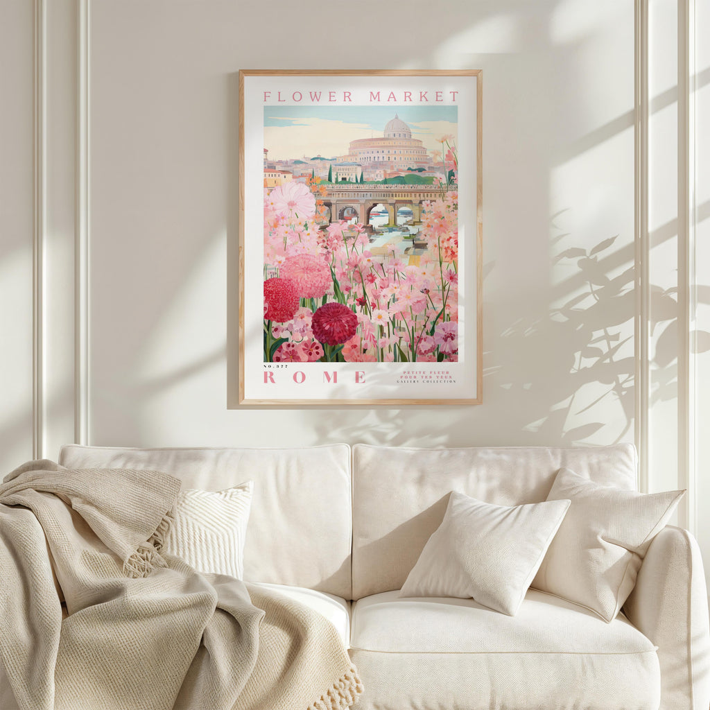 a framed poster of a flower market in Rome, with a pink and green floral design and the text "FLOWER MARKET" and "ROMA" prominently displayed.