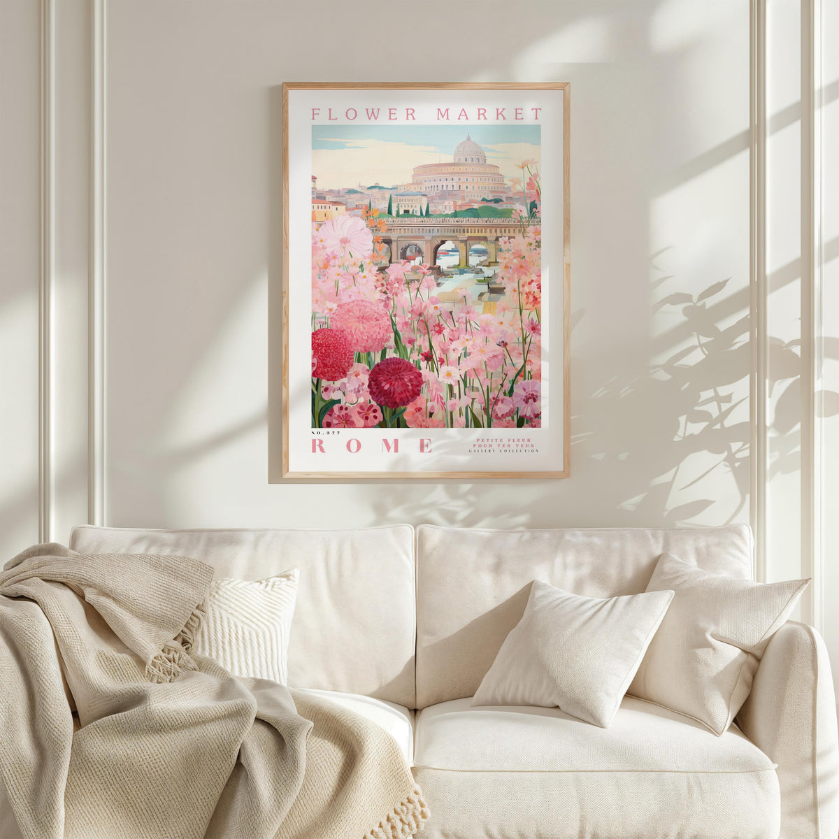 a framed poster of a flower market in Rome, with a pink and green floral design and the text "FLOWER MARKET" and "ROMA" prominently displayed.