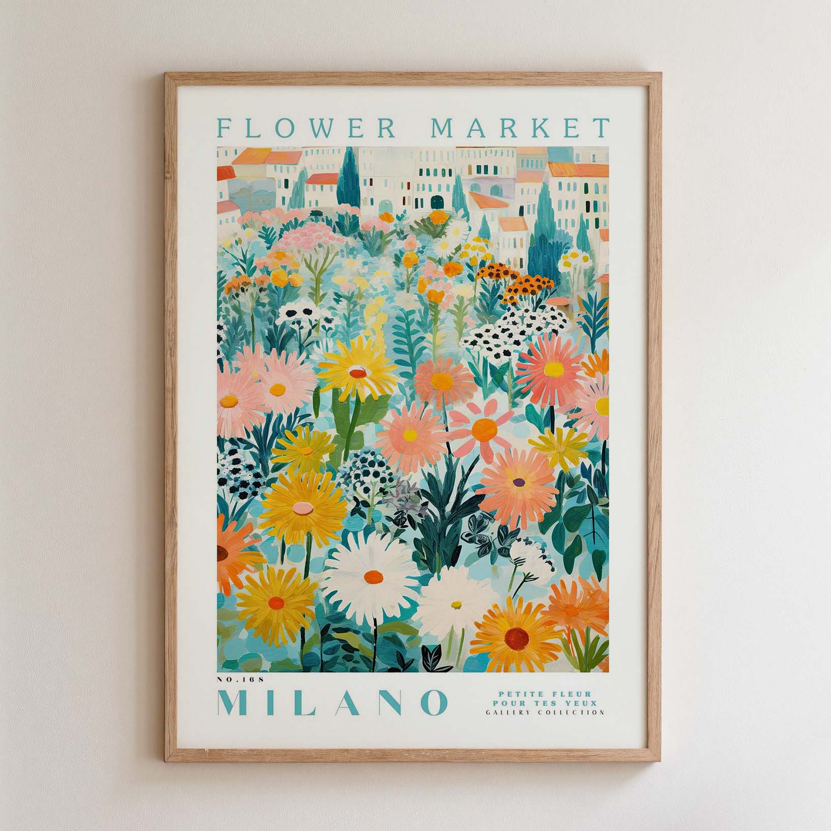 The image is a framed poster depicting a vibrant and colorful flower market in Milan, Italy.