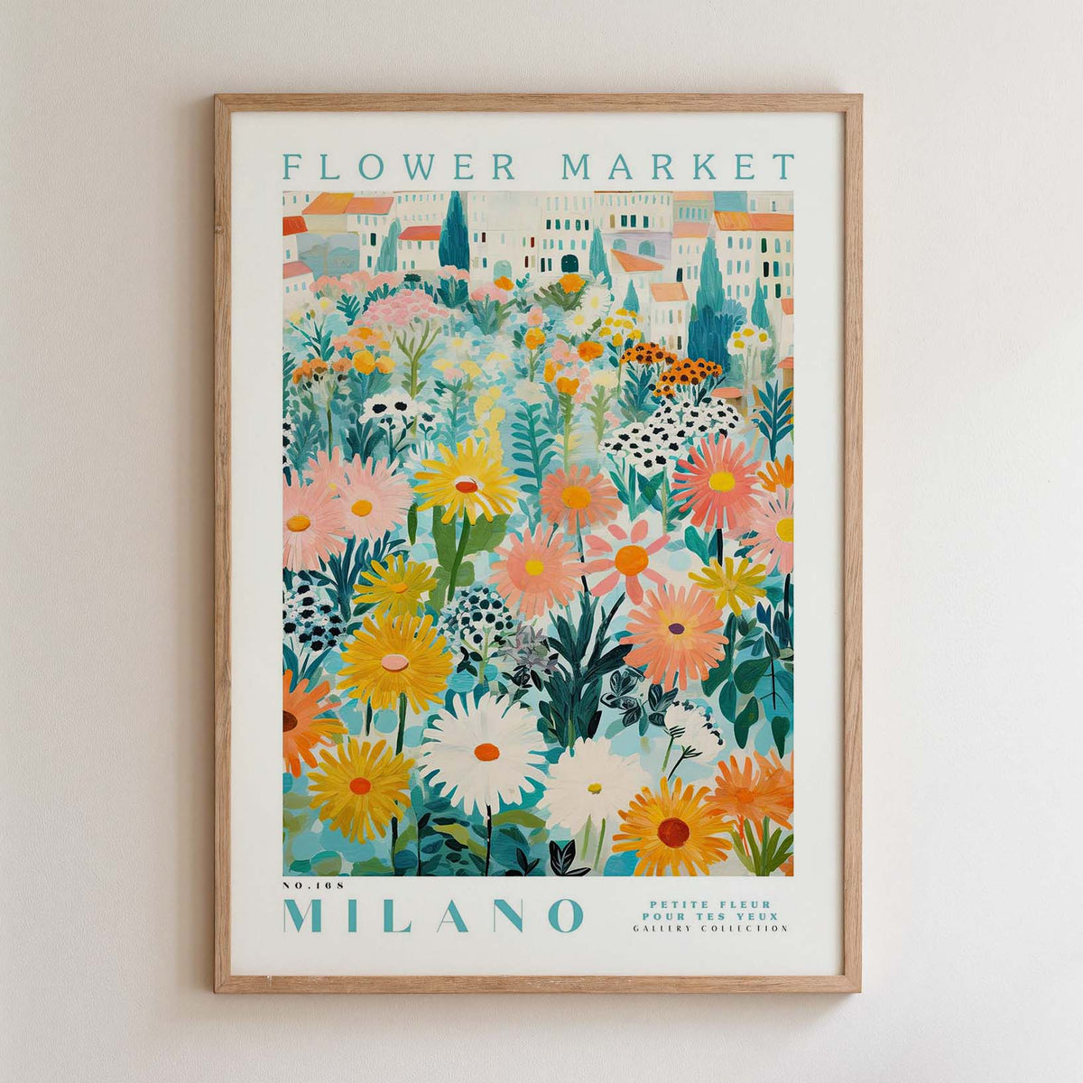The image is a framed poster depicting a vibrant and colorful flower market in Milan, Italy.