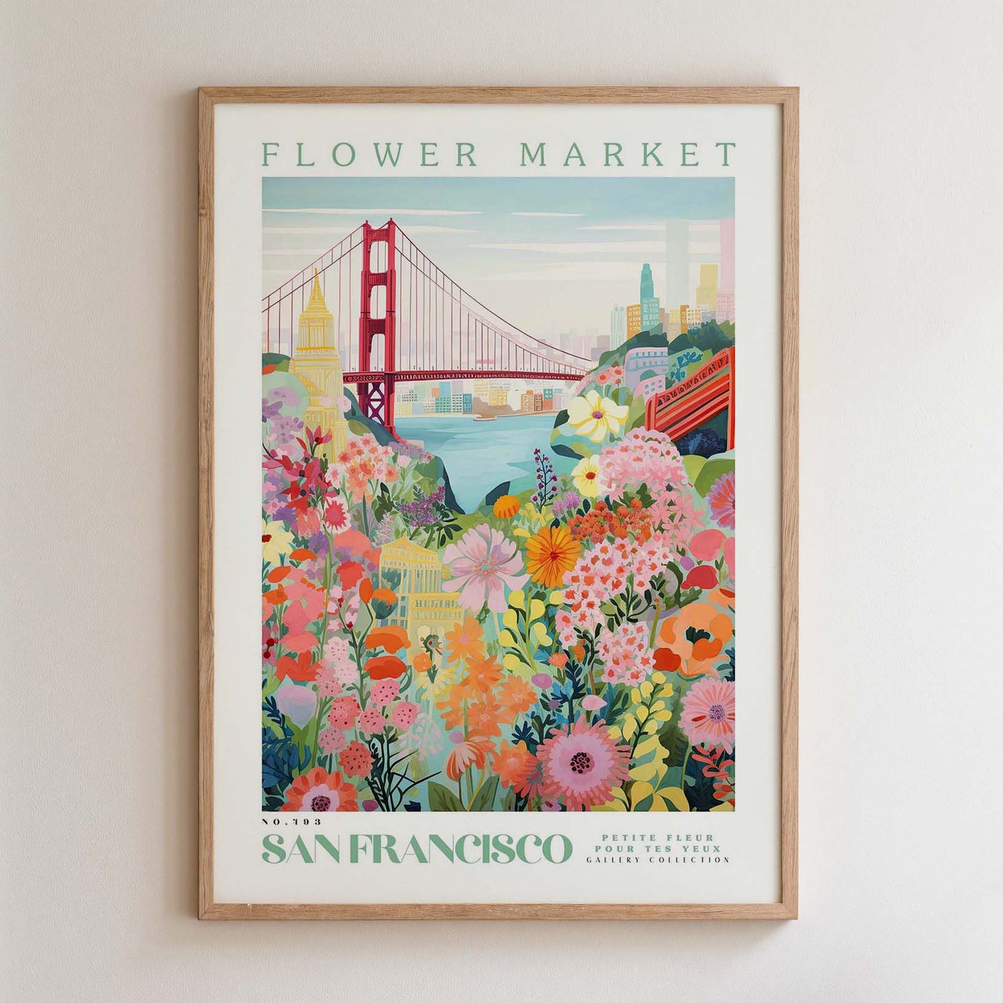 The image is a framed poster depicting a vibrant and colorful scene of a flower market in San Francisco, California.