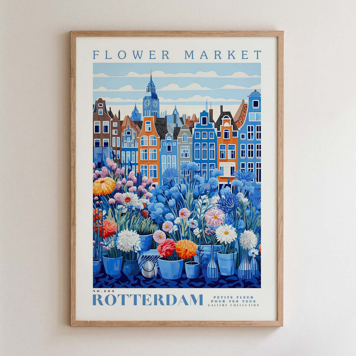 The image is a framed poster depicting a vibrant flower market in Rotterdam, Netherlands. The poster showcases a variety of colorful flowers and plants arranged in vases, set against the backdrop of the city's distinctive architecture. The text on the poster reads "FLOWER MARKET" and "NEW YORK ROTTERDAM POTÉ TÉ FEU, GALLERY COLLECTION".