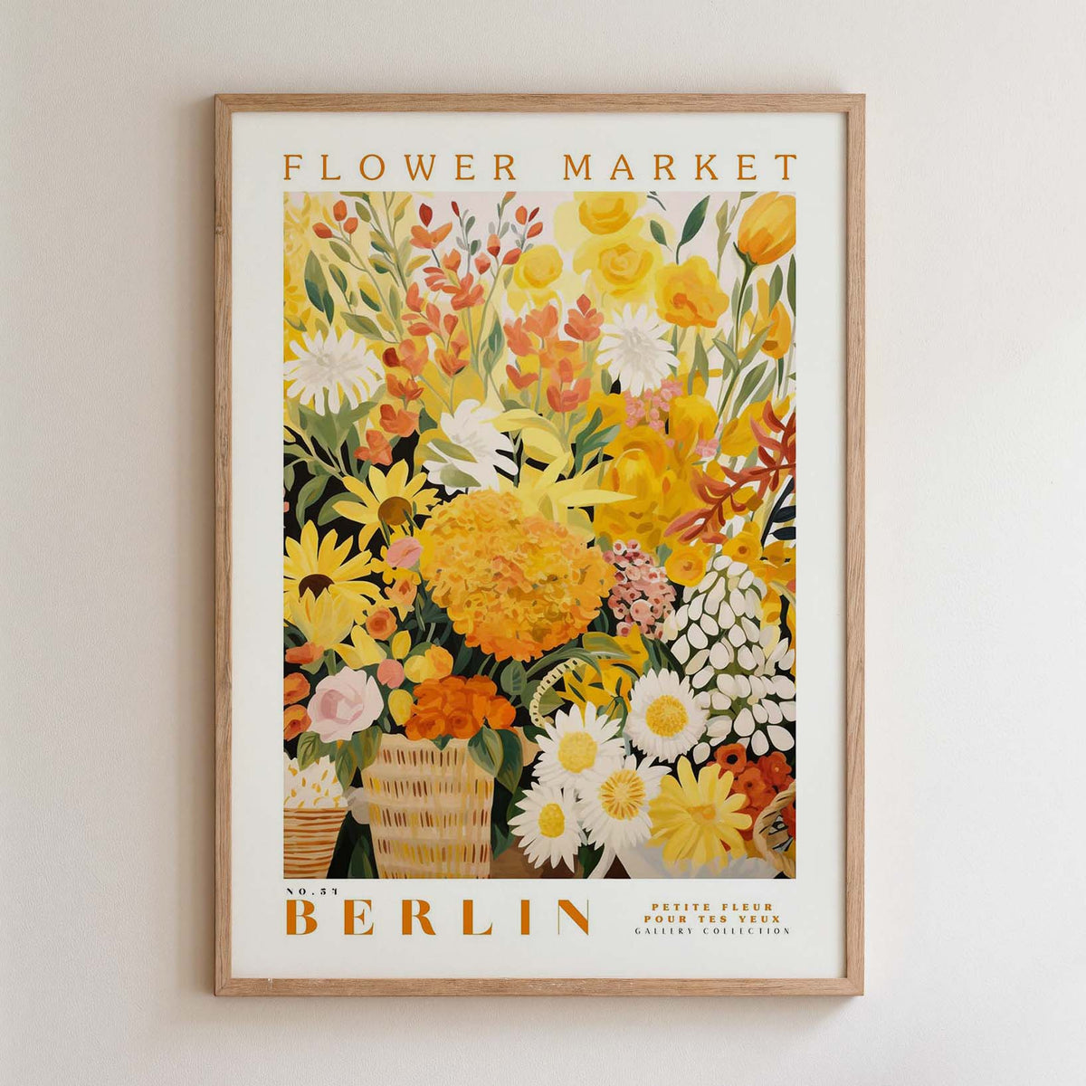 The image is a framed poster depicting a vibrant and colorful flower market in Berlin.