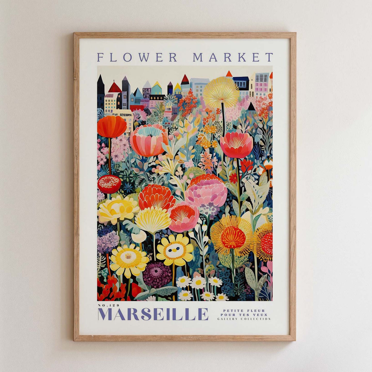 The image is a framed poster depicting a vibrant and colorful flower market in the city of Marseille, France.
