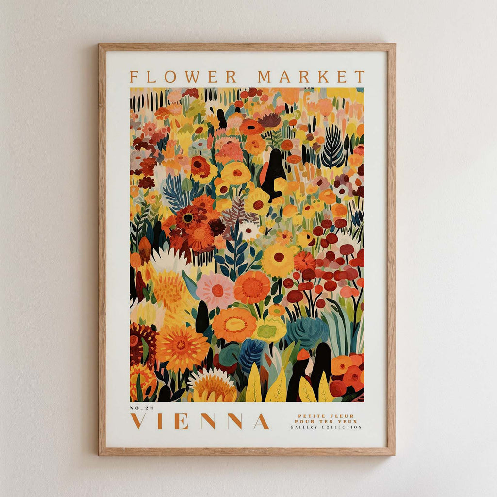 The image is a framed poster depicting a vibrant and colorful floral scene, likely from a flower market.