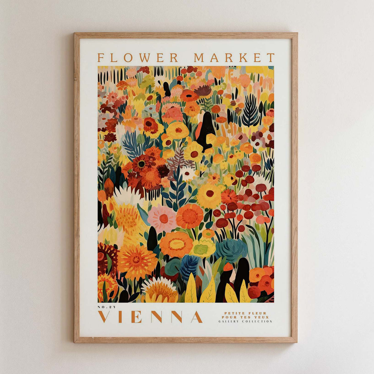 The image is a framed poster depicting a vibrant and colorful floral scene, likely from a flower market.