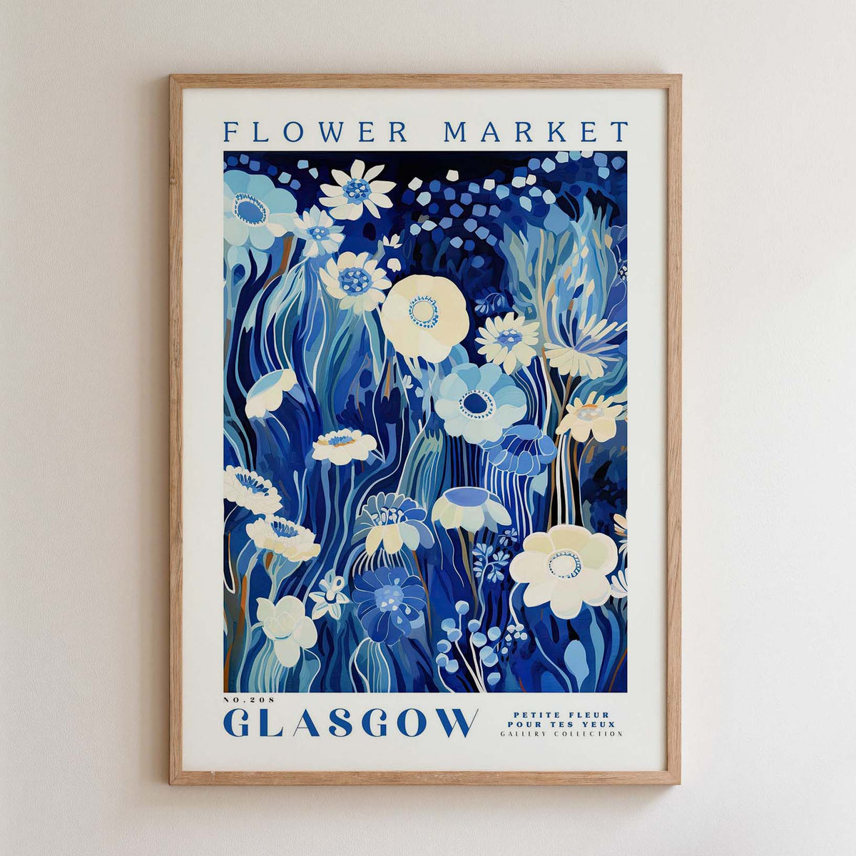 The image is a framed poster of a floral design with blue and white colors, depicting various flowers and plants.