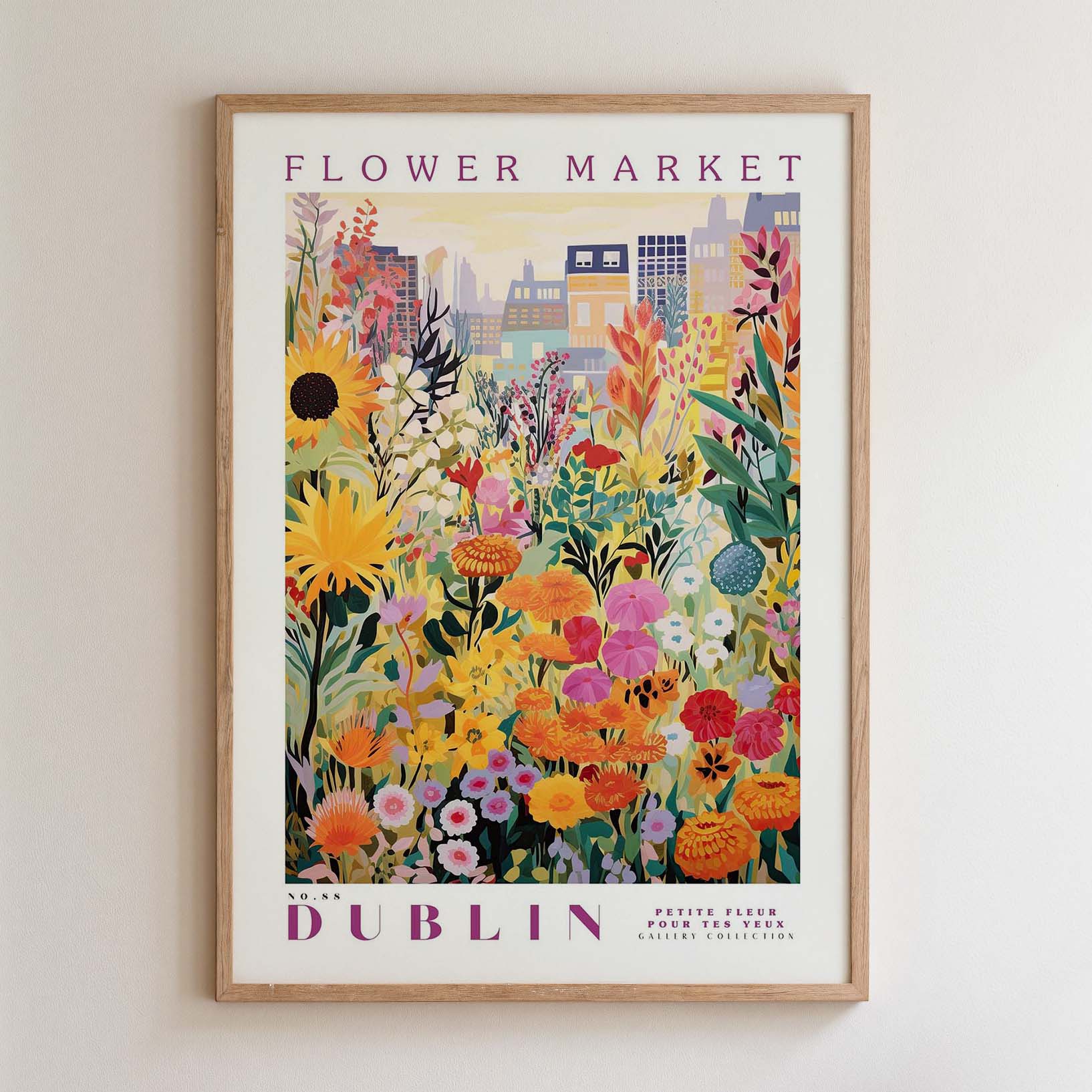 The image is a framed poster depicting a vibrant and colorful flower market in Dublin, Ireland.