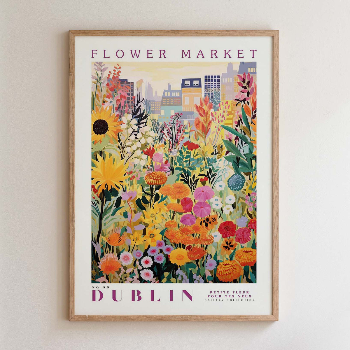 The image is a framed poster depicting a vibrant and colorful flower market in Dublin, Ireland.
