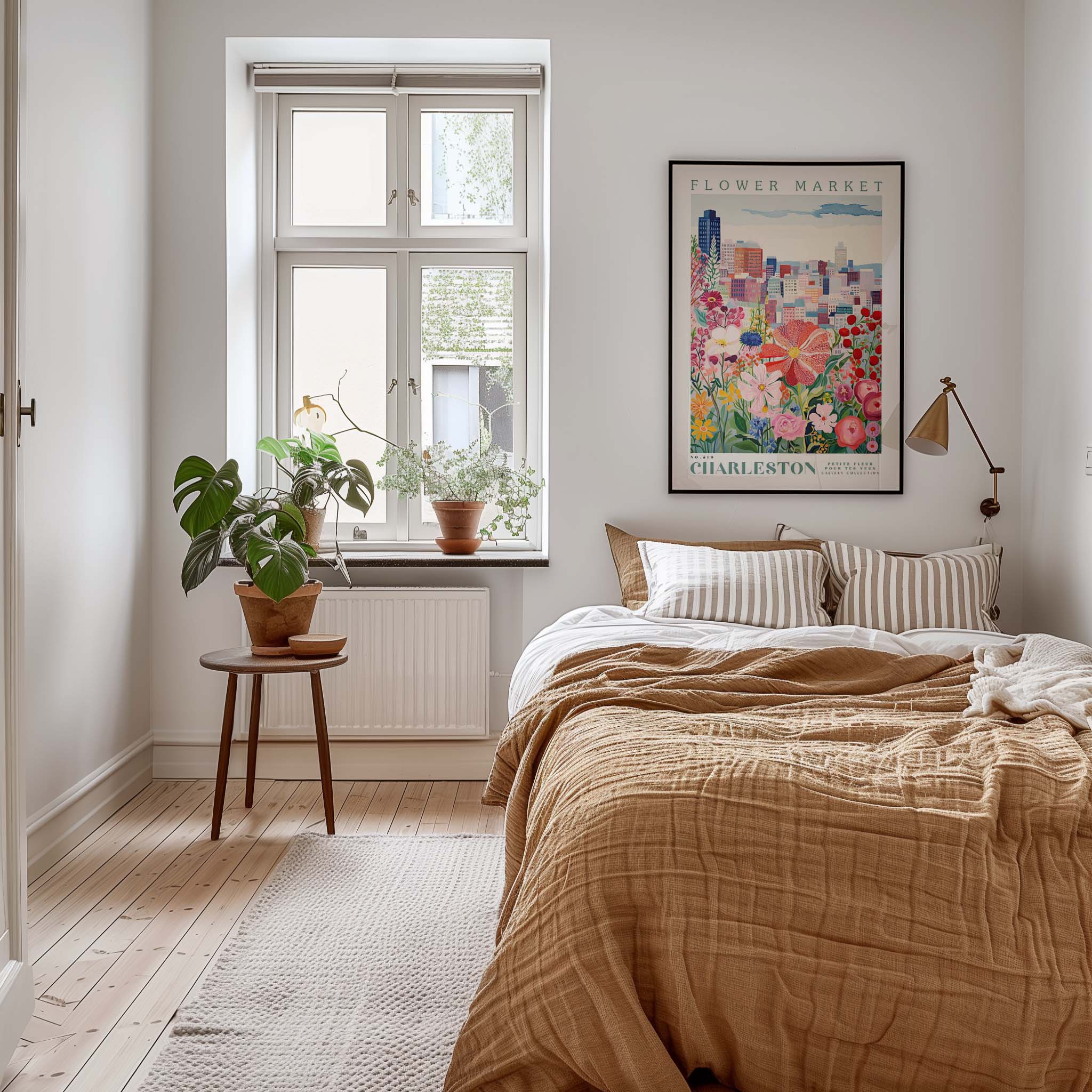 A cozy bedroom with a large bed, a nightstand with a plant, and a framed poster of a flower market on the wall.