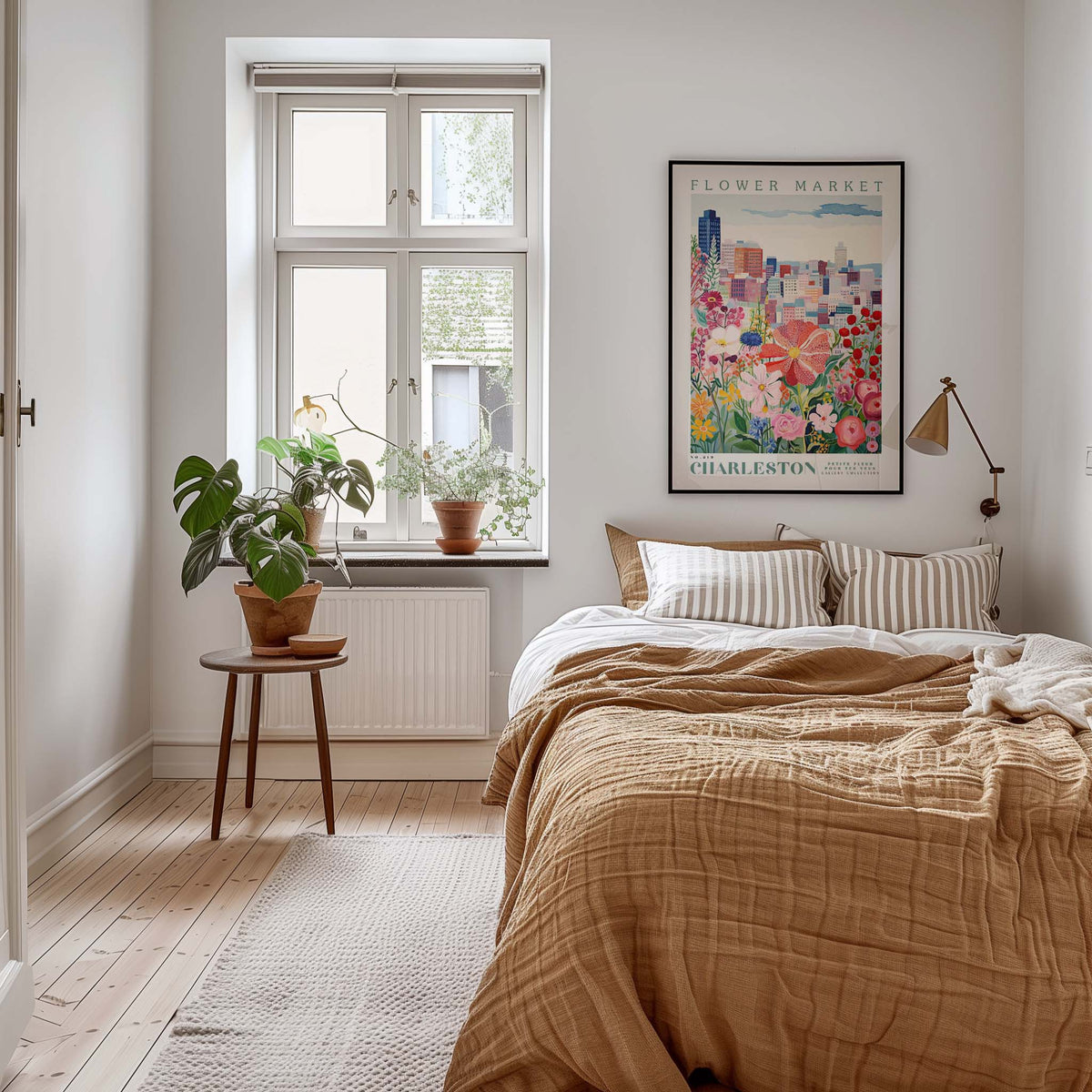 A cozy bedroom with a large bed, a nightstand with a plant, and a framed poster of a flower market on the wall.