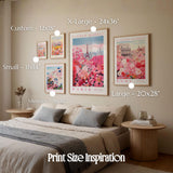The image is a bedroom with a bed, nightstands, and framed prints of various sizes and designs, including a large print of a flower market scene in Paris.