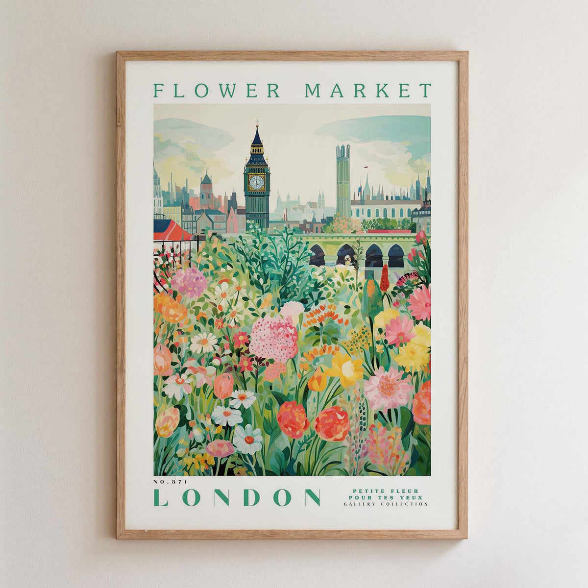 The image is a framed poster depicting a vibrant and colorful flower market in London, with the iconic Big Ben clock tower visible in the background.