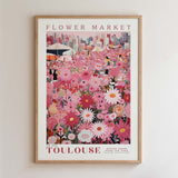 The image is a framed poster depicting a vibrant and colorful flower market in Paris, France.