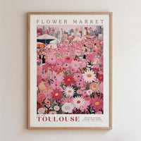 The image is a framed poster depicting a vibrant and colorful flower market in Paris, France.
