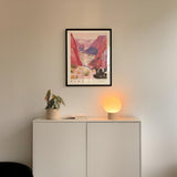 a framed poster of a desert landscape, a potted plant, and a small lamp on a white cabinet.