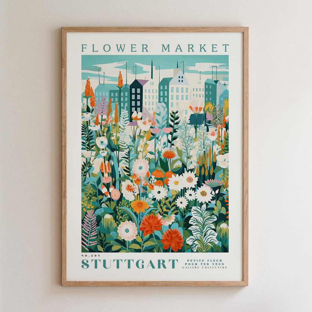 The image is a framed poster depicting a vibrant and colorful flower market scene with various flowers and plants.