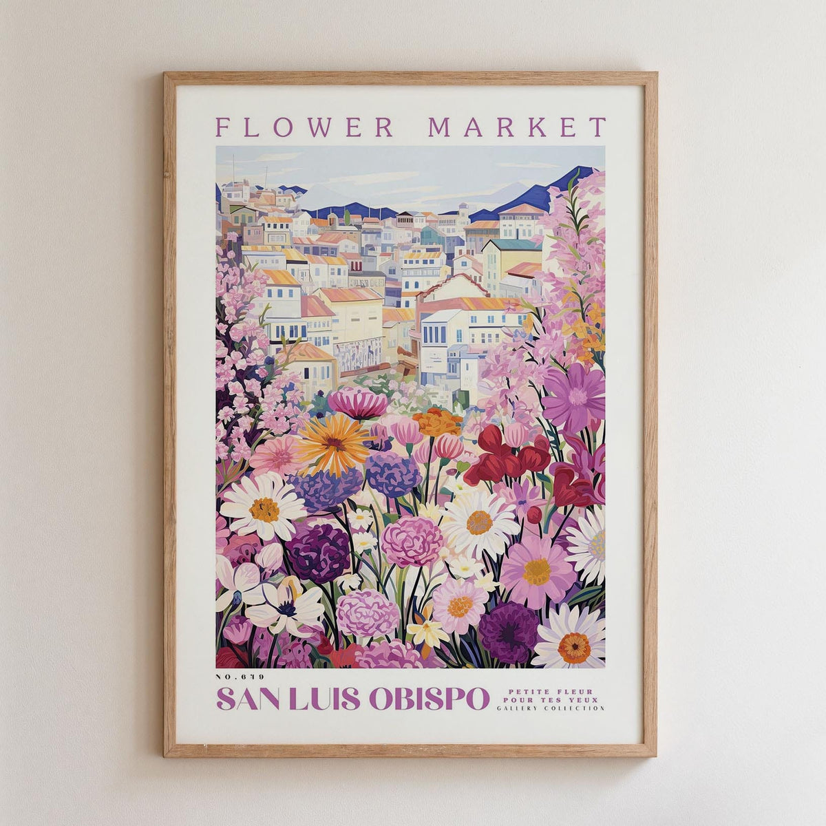 The image is a framed poster depicting a vibrant and colorful flower market in San Luis Obispo, California.