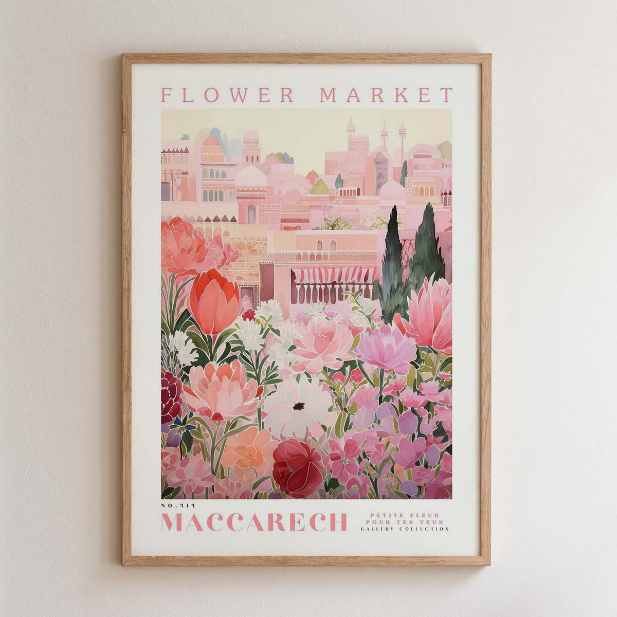 The image is a framed poster depicting a vibrant and colorful flower market scene.