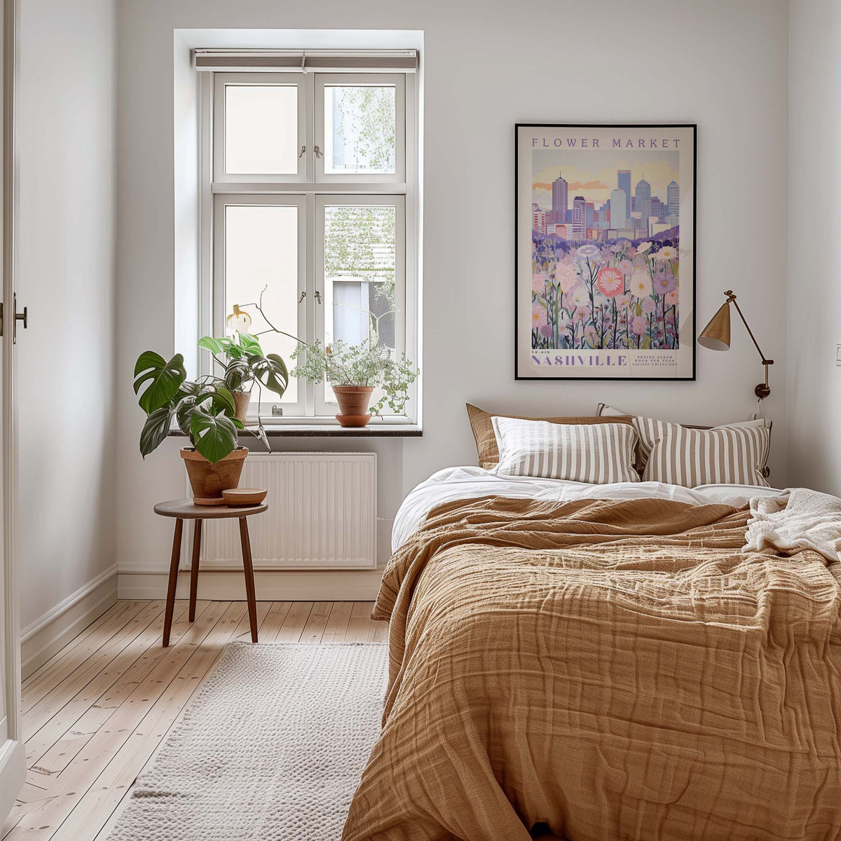 a cozy bedroom with a large bed, a nightstand with a plant, and a framed poster of a cityscape on the wall.